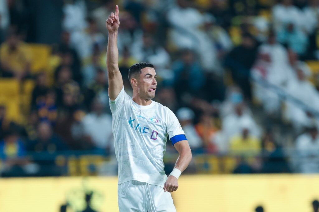 Al Nassr's Cristiano Ronaldo reacts after missing a score during the Saudi Pro League match between Al-Nassr and Al-Riyadh at King Saud University Stadium, Riyadh, Saudi Arabia, Dec. 8, 2023. (Getty Images Photo)