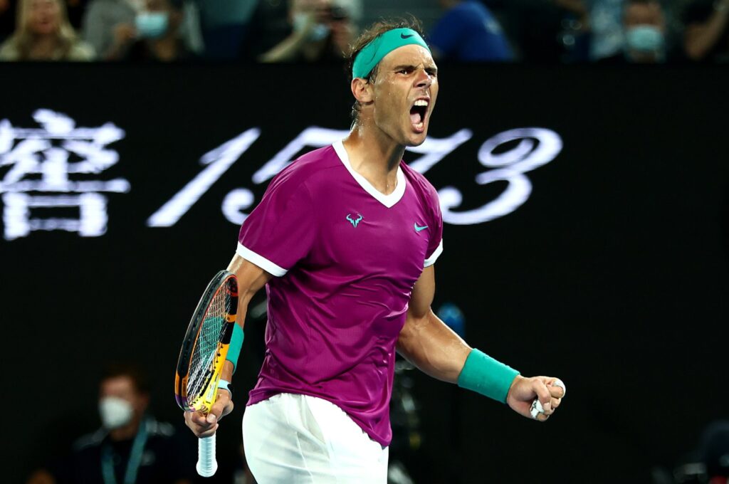 Spain's Rafael Nadal celebrates winning set point in his Men's Singles Final match against Daniil Medvedev of Russia during Day 14 of the 2022 Australian Open at Melbourne Park, Melbourne, Australia, Jan. 30, 2022. (Getty Images Photo)