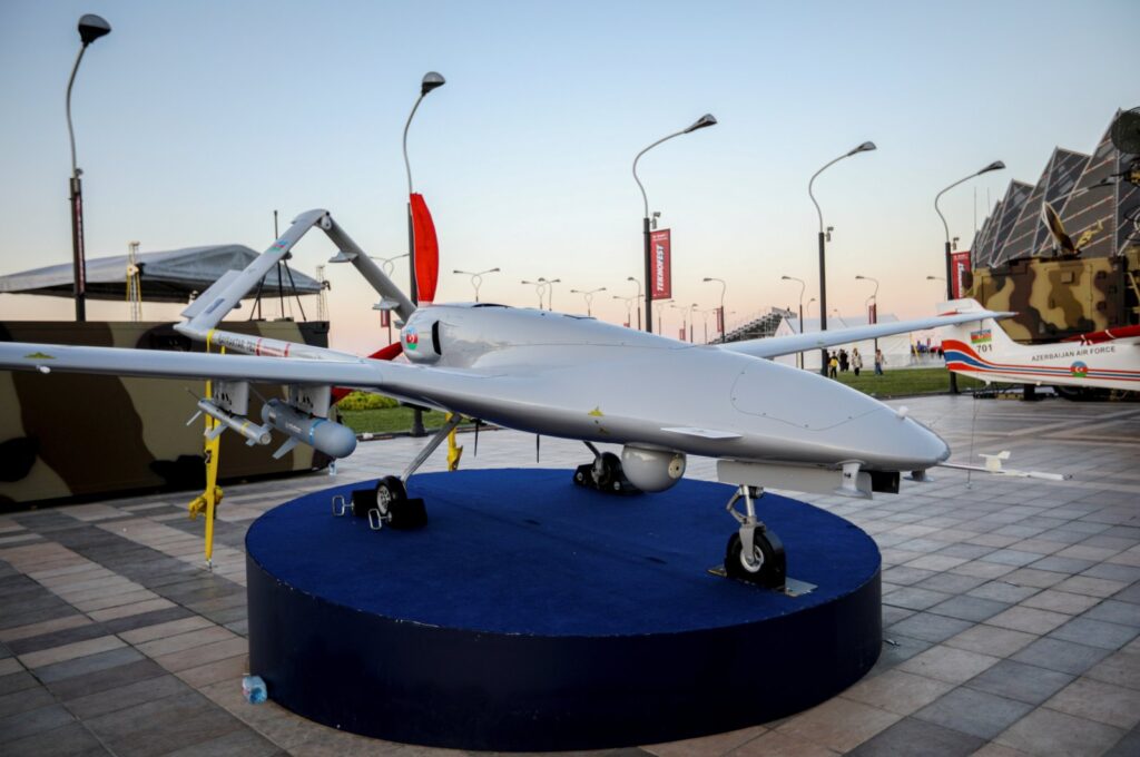 A Bayraktar TB2 unmanned combat aerial vehicle is exhibited at Teknofest aerospace and technology festival in Baku, Azerbaijan, May 27, 2022. (Reuters Photo)