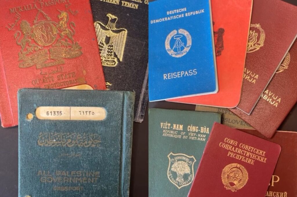 An array of old passports of many nations, including Vietnam, Palestine and Germany, sits on display at Ross Nochimson's residence in New Jersey, U.S., Dec. 28, 2023. (Photo courtesy of Ross Nochimson)