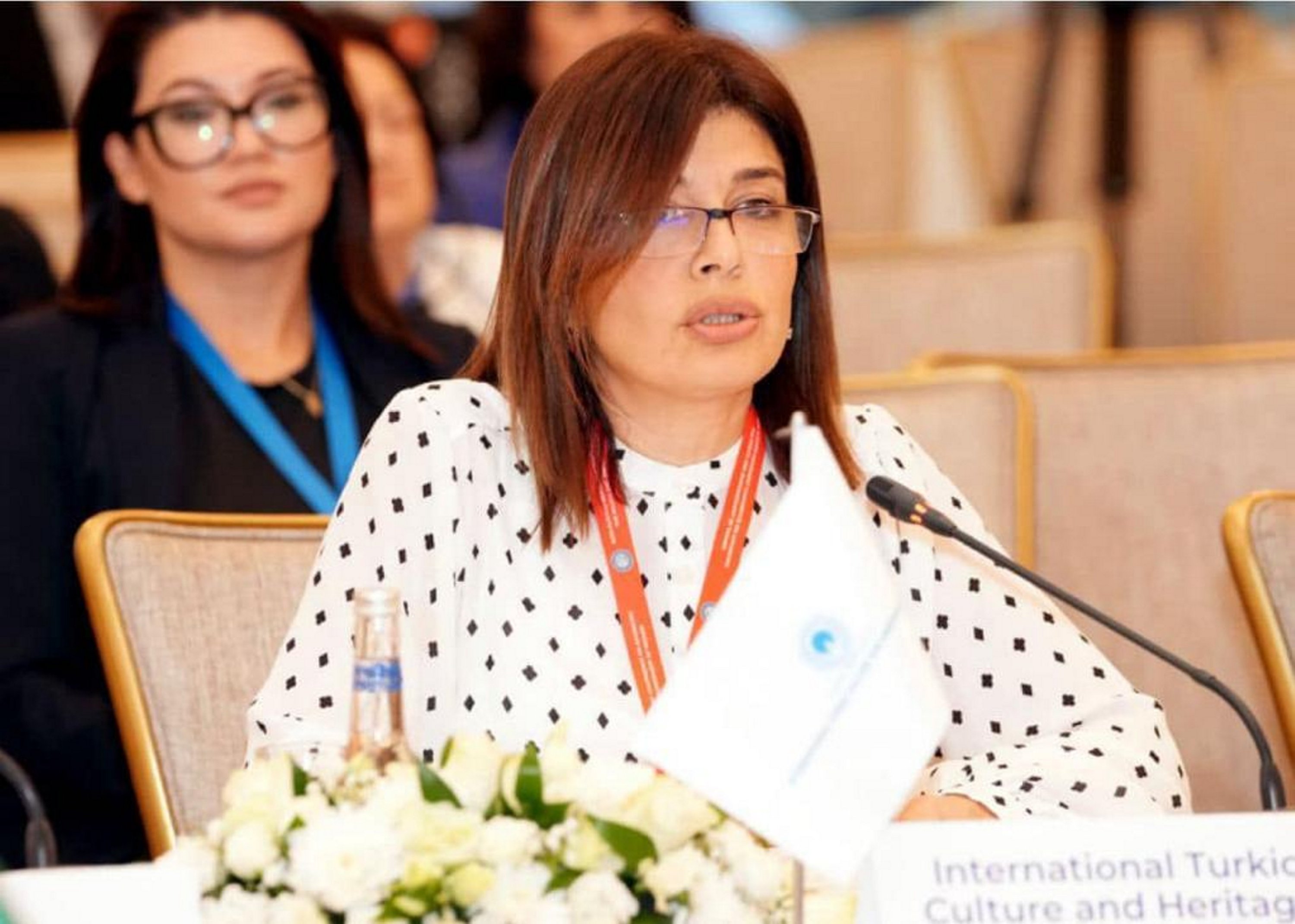 307589 Ambassador Günay Efendiyeva, founding president of the International Turkic Culture and Heritage Foundation, delivers a speech at the event, Baku, Azerbaijan, Dec. 27, 2023. (AA Photo)