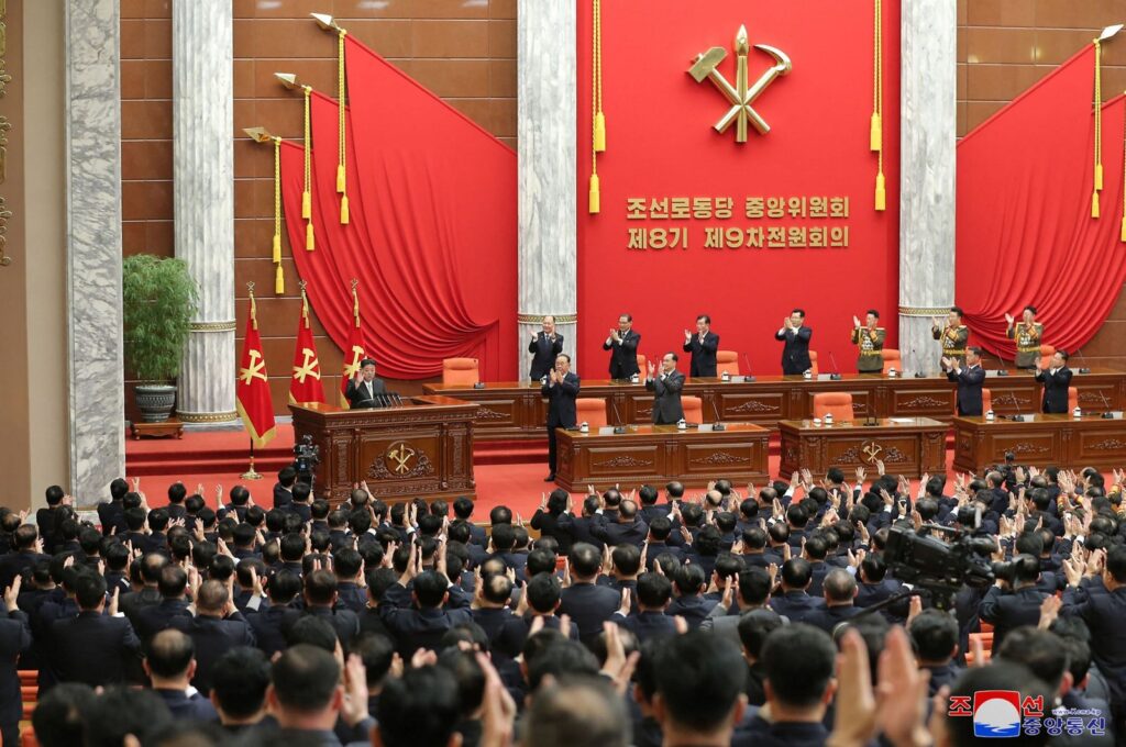 This picture taken on Dec. 27, 2023 and released by North Korea's official Korean Central News Agency (KCNA) on Dec. 28, 2023 shows North Korean leader Kim Jong Un (L) attending the second day of the 9th plenary meeting of the 8th Central Committee of the Workers' Party of Korea (WPK) at the office building of the WPK Central Committee in Pyongyang. (Photo by KCNA VIA KNS / AFP)