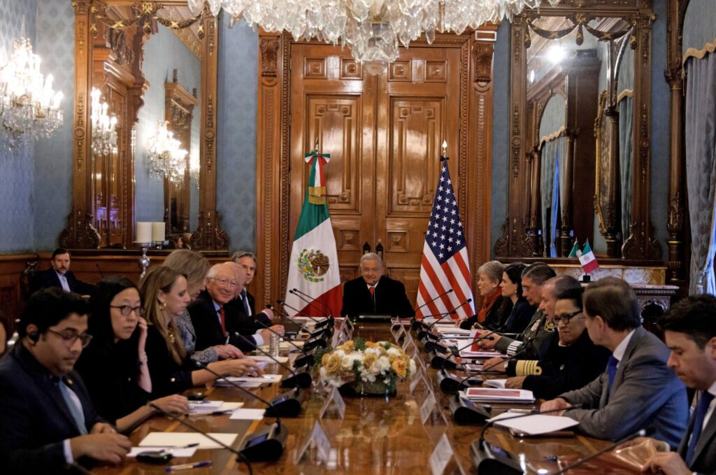 Mexican President Andres Manuel Lopez Obrador (C), U.S. Secretary of State Antony Blinken and Mexico's Secretary of Foreign Affairs Alicia Barcena during a working meeting at the National Palace in Mexico City, Mexico, Dec. 27, 2023. (Presidency of Mexico via EPA)