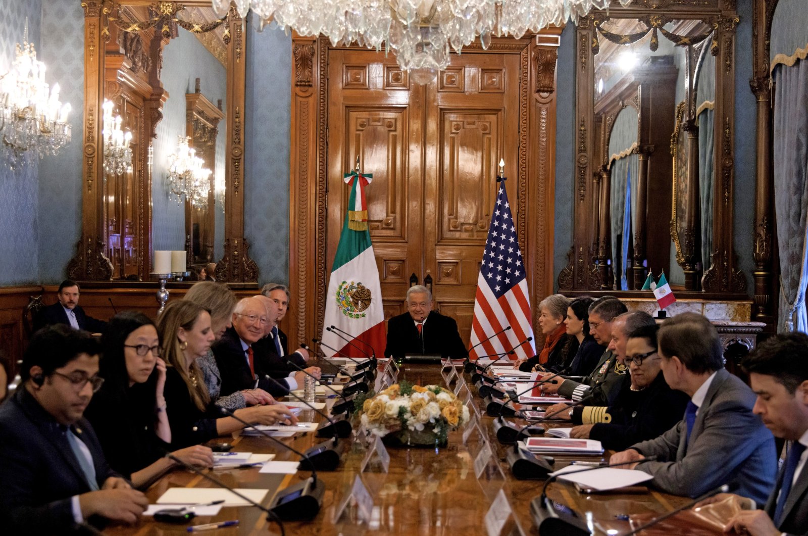 Mexican President Andres Manuel Lopez Obrador (C), U.S. Secretary of State Antony Blinken and Mexico's Secretary of Foreign Affairs Alicia Barcena during a working meeting at the National Palace in Mexico City, Mexico, Dec. 27, 2023. (Presidency of Mexico via EPA)