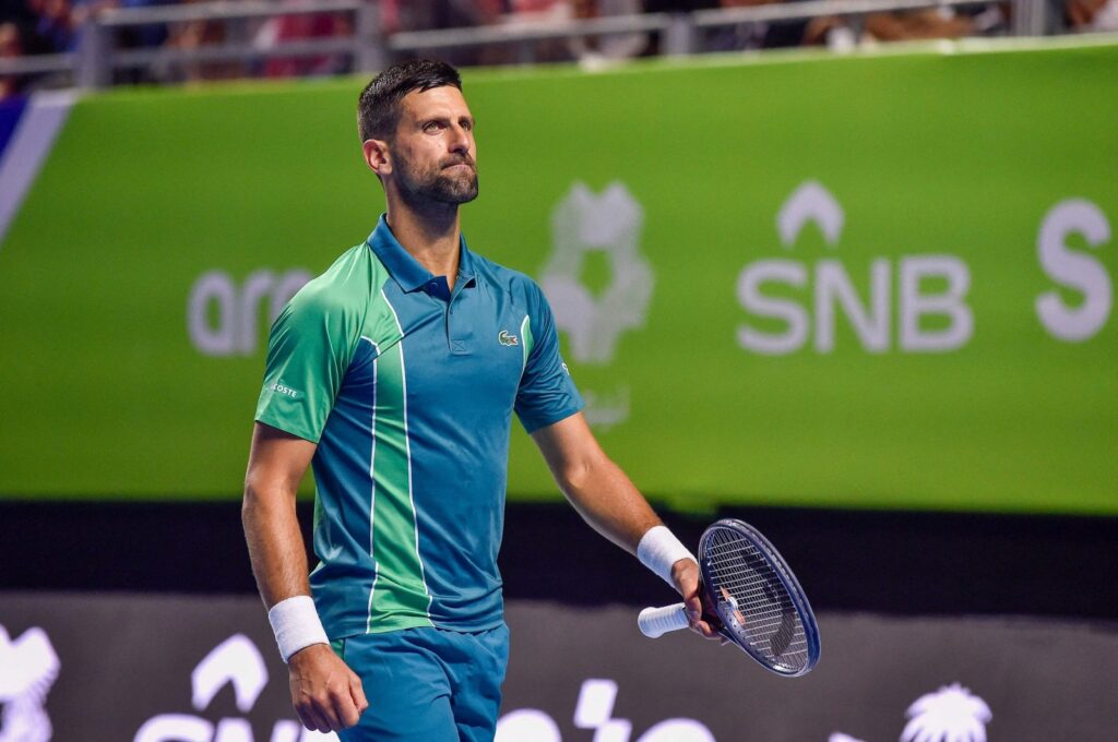 Serbia's Novak Djokovic reacts during the Riyadh Season Tennis Cup exhibition tournament match in the capital Riyadh, Saudi Arabia, Dec. 27, 2023. (AFP Photo)