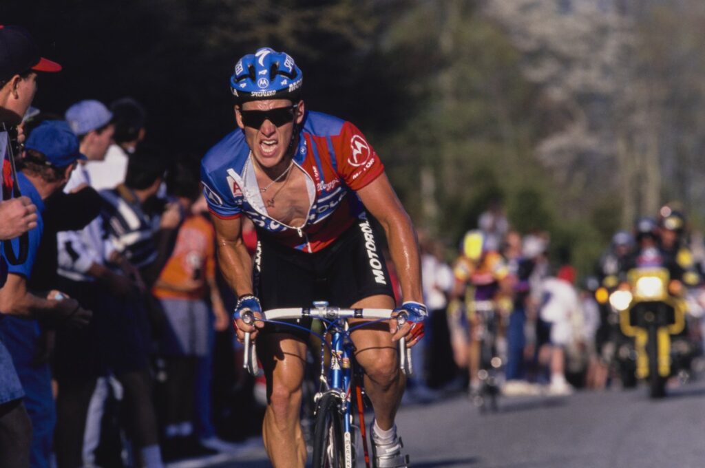 US' Lance Armstrong riding for the Motorola Cycling Team climbs Beech Mountain during Stage 9 of the Tour DuPont cycling stage race at Beech Mountain, North Carolina, U.S., May 15, 1993. (Getty Images Photo)