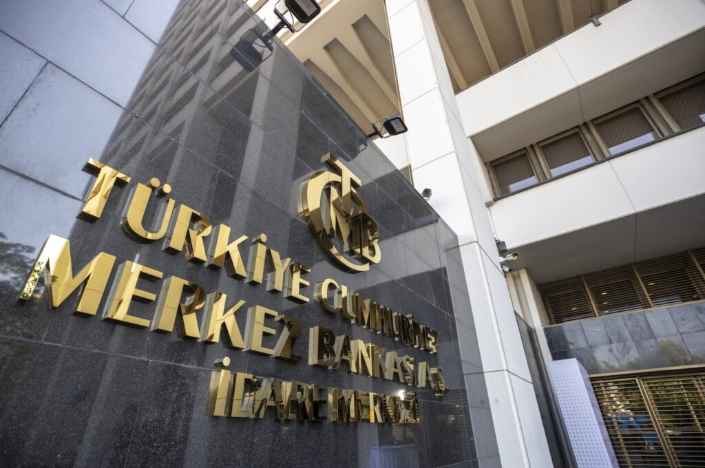 The logo of the Central Bank of the Republic of Türkiye (CBRT) is seen at the entrance of the bank's headquarters in Ankara, Türkiye, July 28, 2022. (AA Photo)