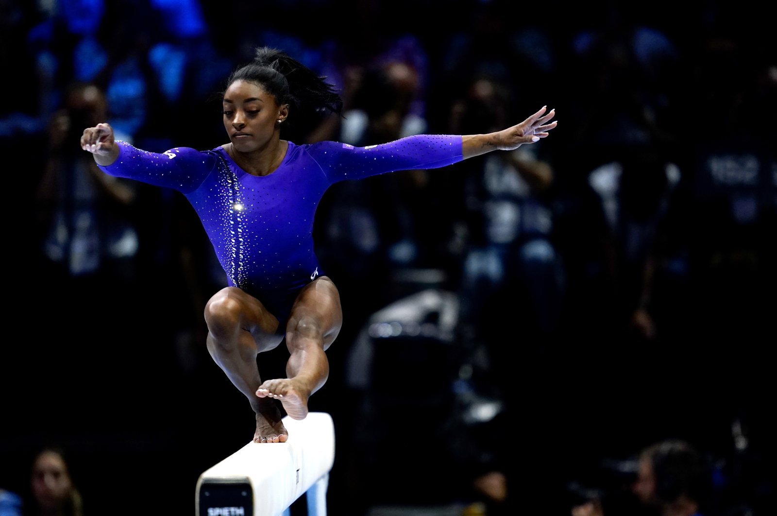 Simone Biles of the U.S. competes in the Women's Balance Beam Apparatus Final on Day 9 of the 2023 Artistic Gymnastics World Championships, Antwerp, Belgium, Oct. 8, 2023. (Getty Images Photo)