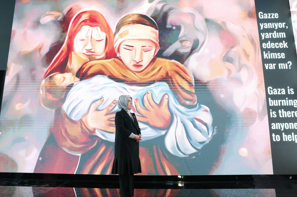 First Lady Emine Erdoğan at the "Bulletproof Dreams: Exhibition of Gazan Child Artists" in Istanbul, Dec. 29, 2023. (IHA Photo)