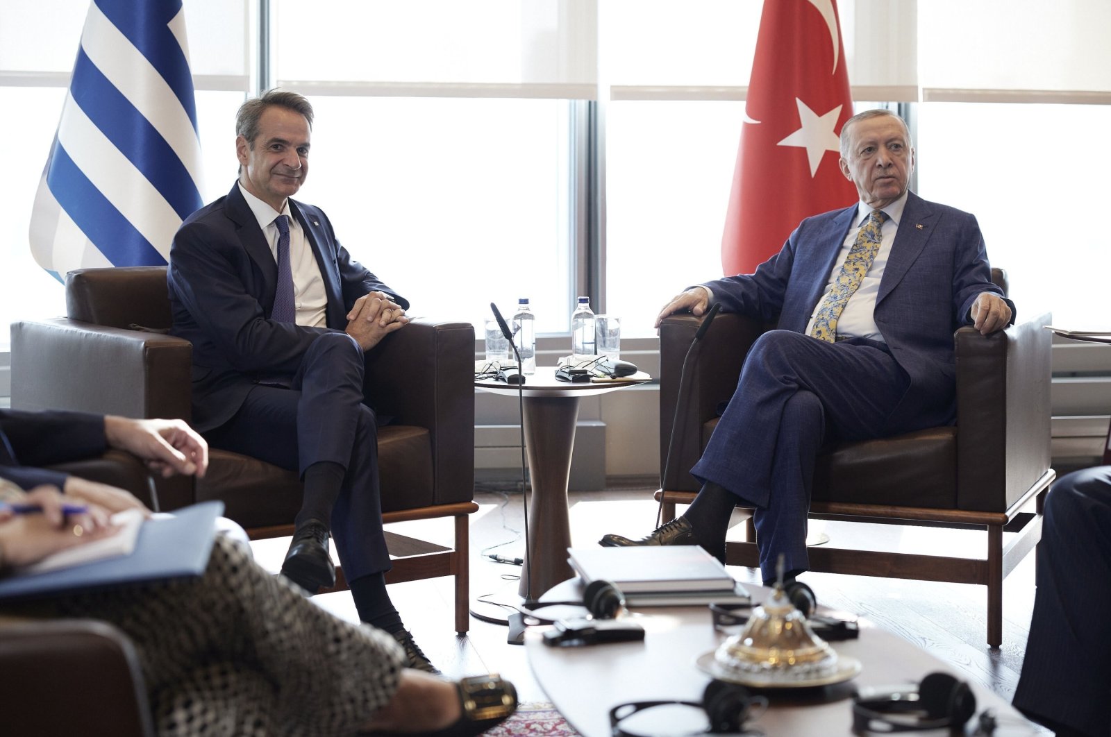 President Recep Tayyip Erdoğan meets with Greek Prime Minister Kyriakos Mitsotakis (L) in the sidelines of the United Nations General Assembly in New York, U.S., Sept. 20, 2023. (AP Photo)