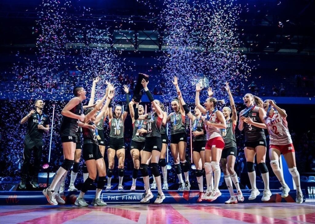 The Turkish national women's volleyball team players celebrate winning the FIVB Nations League title after beating China at the College Park Center, Texas, U.S., July 16, 2023. (AA Photo)