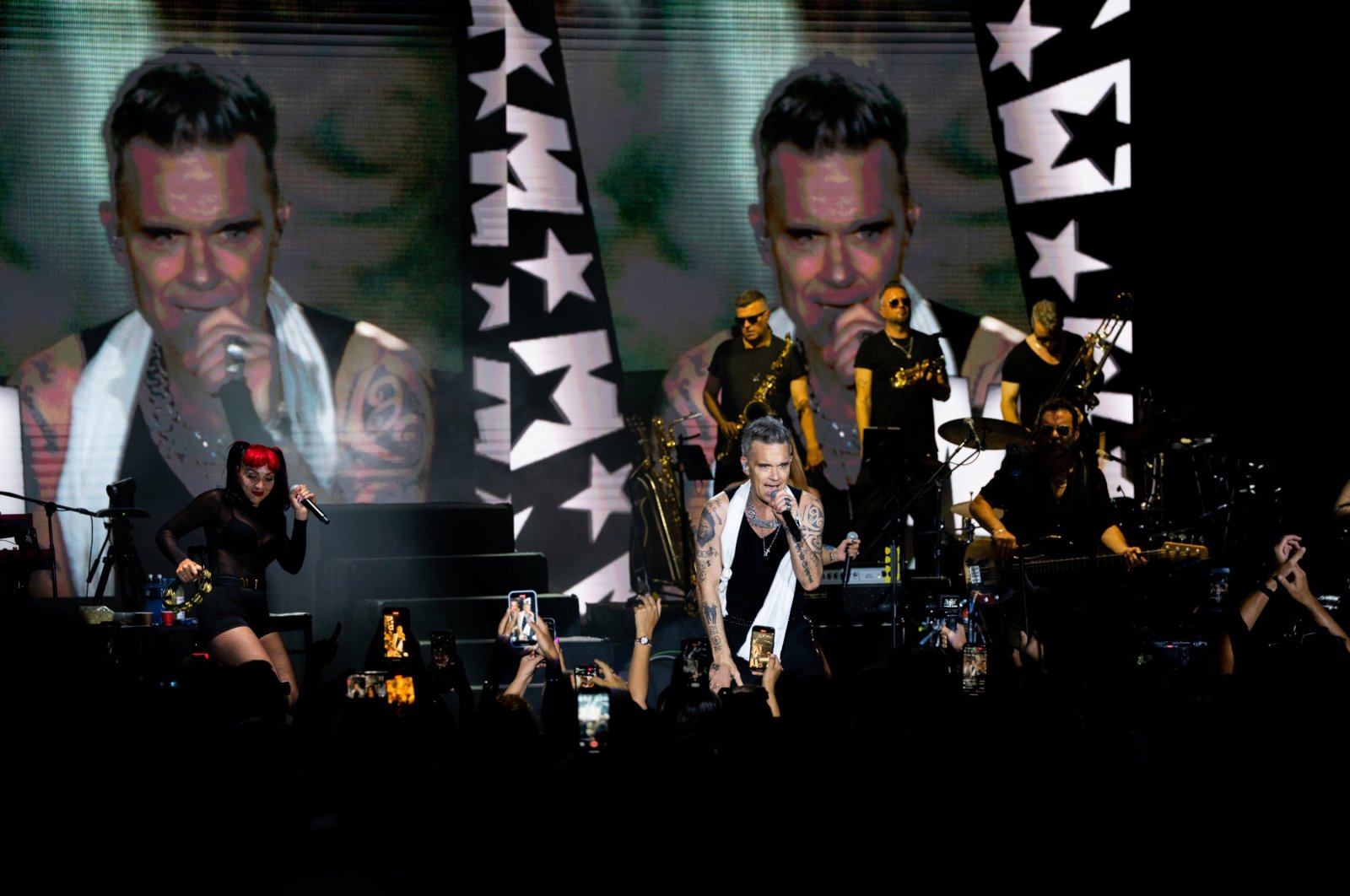 World-renowned artist Robbie Williams performs in Bodrum, Muğla, Türkiye, Aug. 17, 2023. (Photo by Funda Karayel)