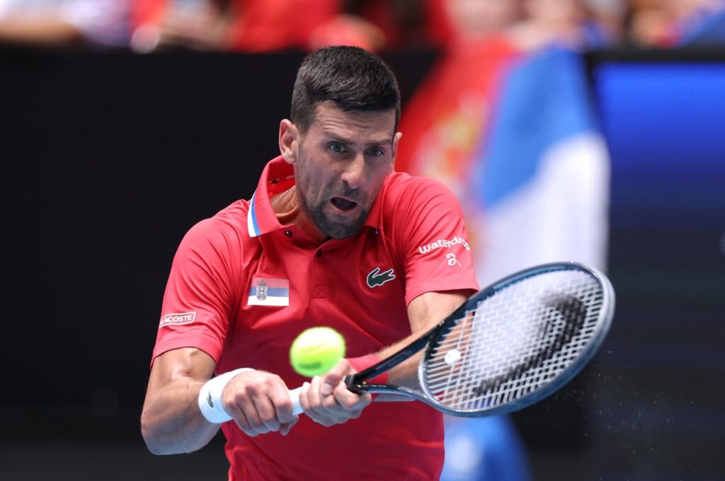 Serbia's Novak Djokovic in action against Jiri Lehecka of the Czech Republic during their group stage match of the 2024 United Cup at RAC Arena, Perth, Australia, Jan. 2, 2024. (EPA Photo)