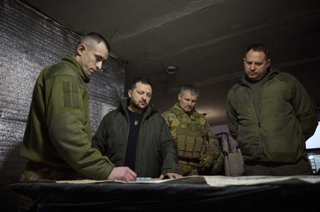 A handout picture made available by the Presidential Press Service shows Ukrainian President Volodymyr Zelenskyy speaking with commanders during his trip to the Donetsk region, Ukraine, Dec. 29, 2023. (EPA File Photo)