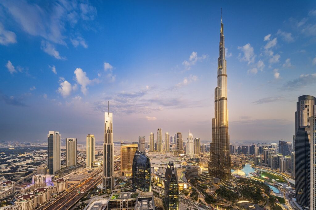 An aerial view shows the city buildings during a sunset in Dubai, United Arab Emirates, March 2, 2023. (Getty Images Photo)