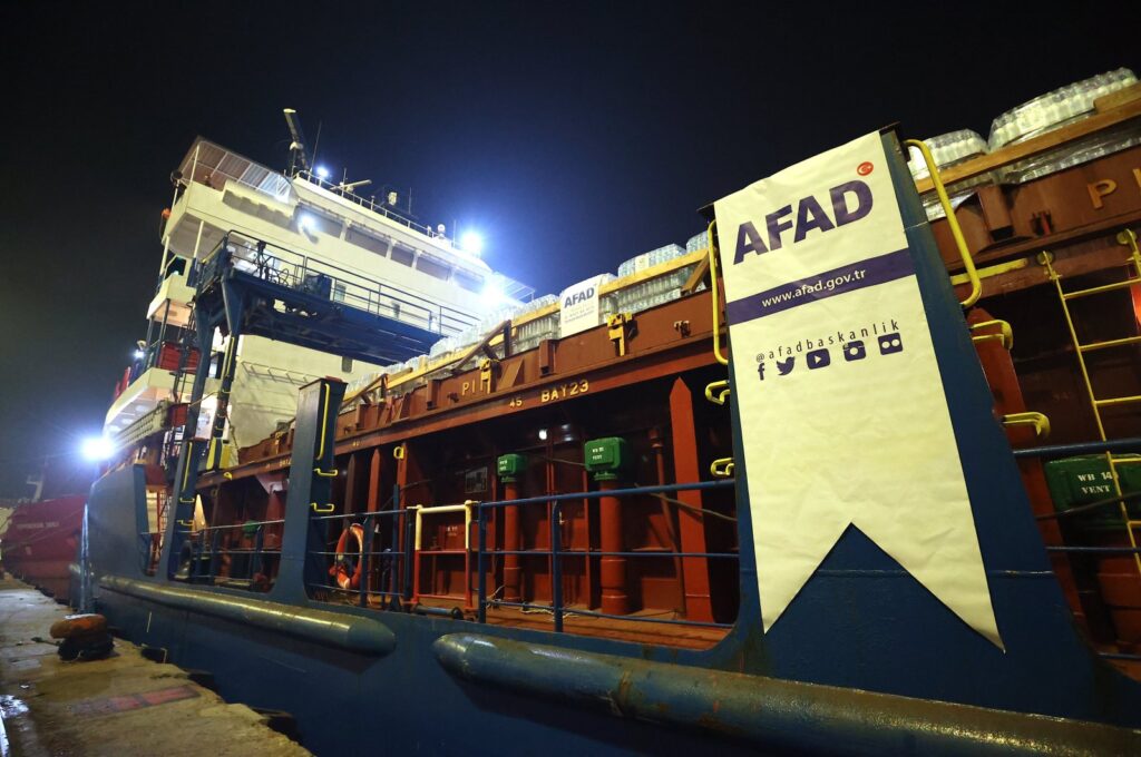The ship Bestekar, laden with 109 trailers of humanitarian aid, is seen anchored before setting sail, at the Mersin International Port on the northeastern coast of the Mediterranean Sea, in southern Türkiye, Jan. 4, 2024. (AA Photo)