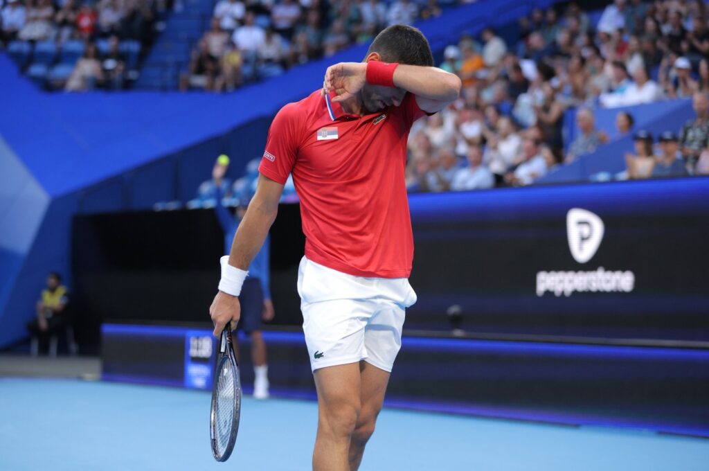 Serbia's Novak Djokovic in action against Australia's Alex De Minaur during their quarterfinal match of the 2024 United Cup at RAC Arena, Perth, Australia, Jan. 3, 2024. (EPA Photo)