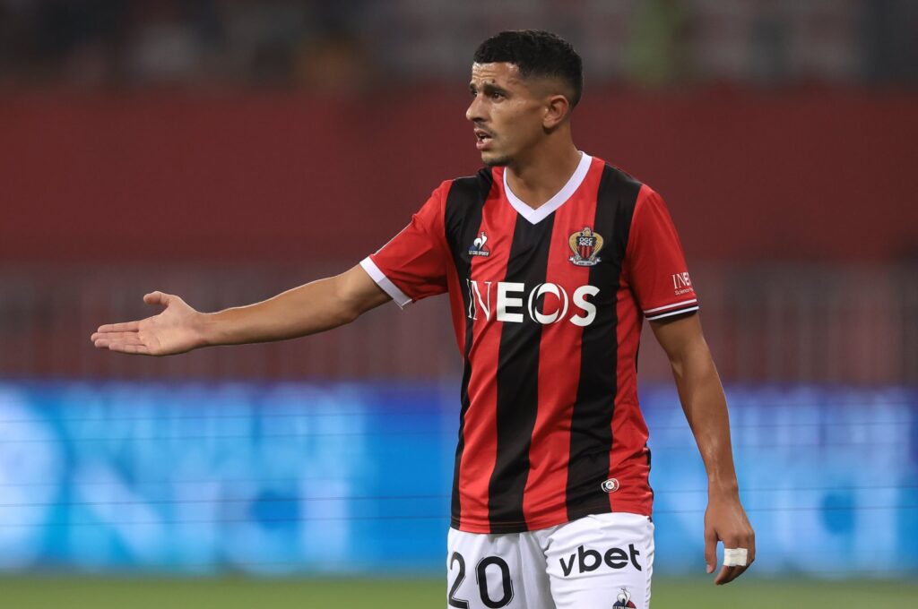 Nice's Youcef Atal reacts during the Ligue 1 match against Lille, Nice, France, Aug. 11, 2023. (Getty Images Photo)