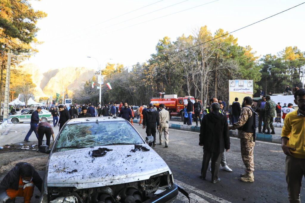 Damaged vehicles after explosions at a commemoration ceremony next to the tomb of Iran's Revolutionary Guards chief of foreign operations General Qassem Soleimani in the southern city of Kerman, Iran, Jan. 3, 2024. (EPA Photo)