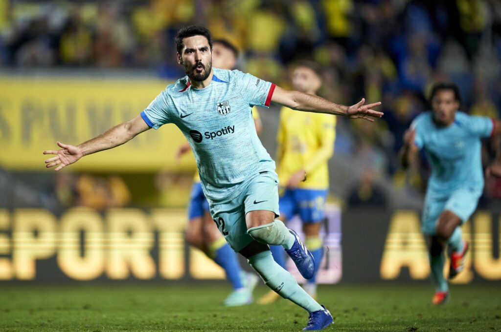Barcelona's İlkay Gündoğan celebrates after scoring the team's second goal during the LaLiga match against Las Palmas at Estadio Gran Canaria, Las Palmas, Spain, Jan. 4, 2024. (Getty Images Photo)