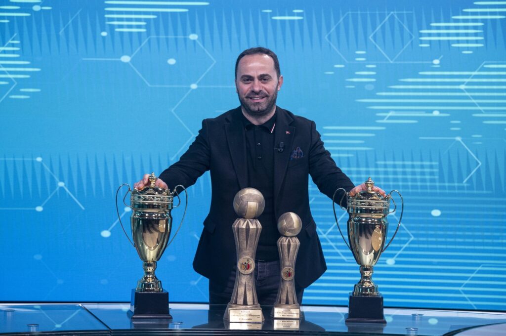 Kerim Vural, president of the Hearing Impaired Sports Federation poses with trophies after an interview, Istanbul, Türkiye, Dec. 28, 2023. (AA Photo)