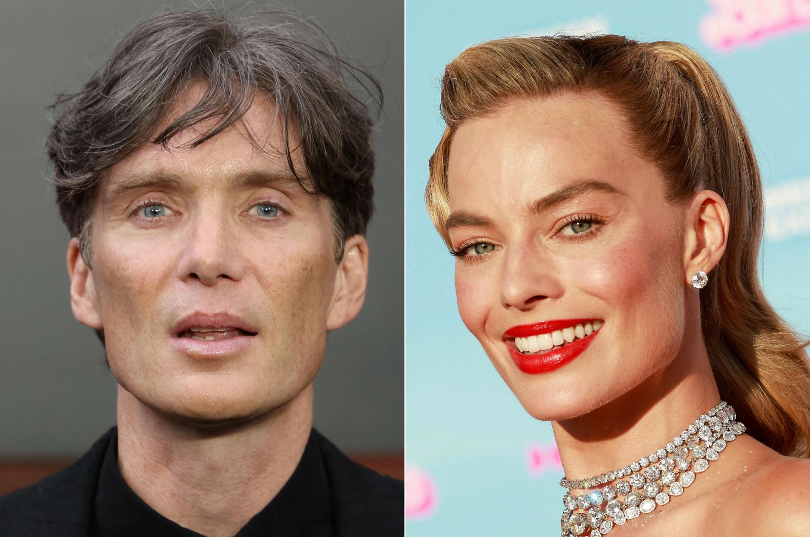 This combination of pictures shows Irish actor Cillian Murphy at the U.K. premiere of "Oppenheimer" in central London on July 13, 2023, and Australian actress Margot Robbie at the world premiere of "Barbie" at the Shrine Auditorium in Los Angeles on July 9, 2023
