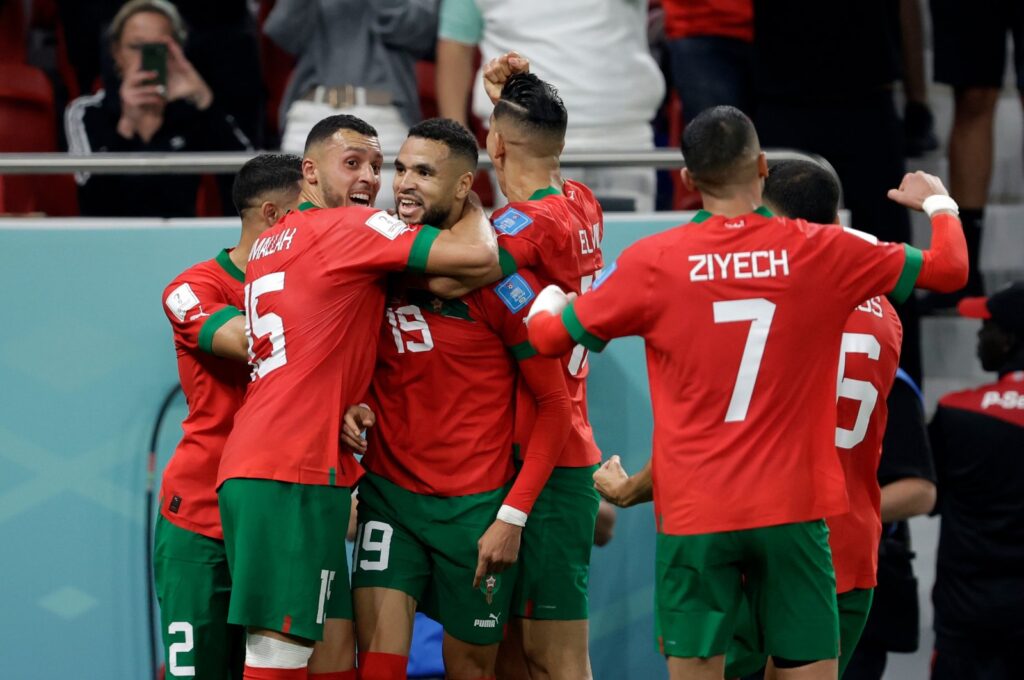 Morocco players celebrate during the  World Cup match between against Portugal at Al-Thumama Stadium, Doha, Qatar, Dec. 10, 2022. (Getty Images Photo)