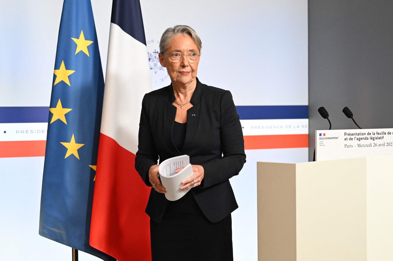 French Prime Minister Elisabeth Borne looks on during a news conference after the weekly cabinet meeting at the Elysee Presidential Palace in Paris on April 26, 2023. (AFP File Photo)