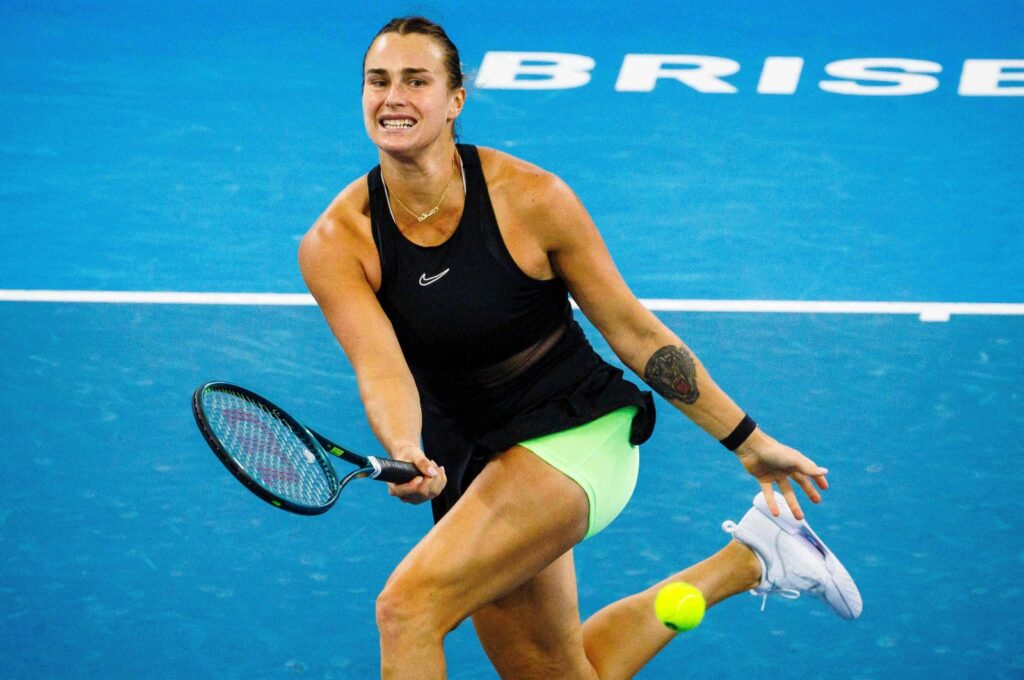 Belarusian Aryna Sabalenka hits a return during the women's singles finals match against Kazakhstani Elena Rybakina at the Brisbane International tennis tournament in Patrick Rafter Tennis Centre, Brisbane, Australia, Jan. 7, 2024. (AFP Photo)