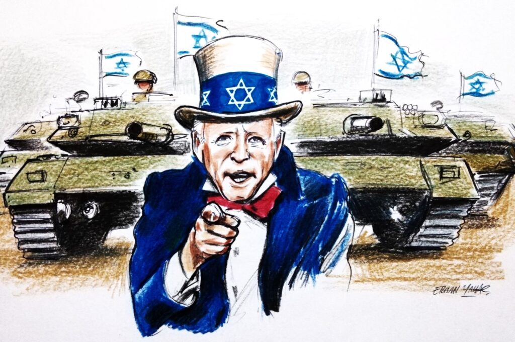 "While the White House routinely champions values such as peace, freedom and human rights, its staunch support of Israel highlights a glaring contradiction between American rhetoric and action. Such inconsistencies and double standards, as exemplified in Washington’s position toward the Ukraine war, further corrode trust in the international order under U.S. leadership." (Illustration by Erhan Yalvaç)