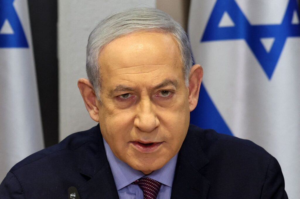 Israeli Prime Minister Benjamin Netanyahu chairs a Cabinet meeting at the Kirya, which houses the Israeli Ministry of Defense, in Tel Aviv on Dec. 31, 2023. (AFP Photo)