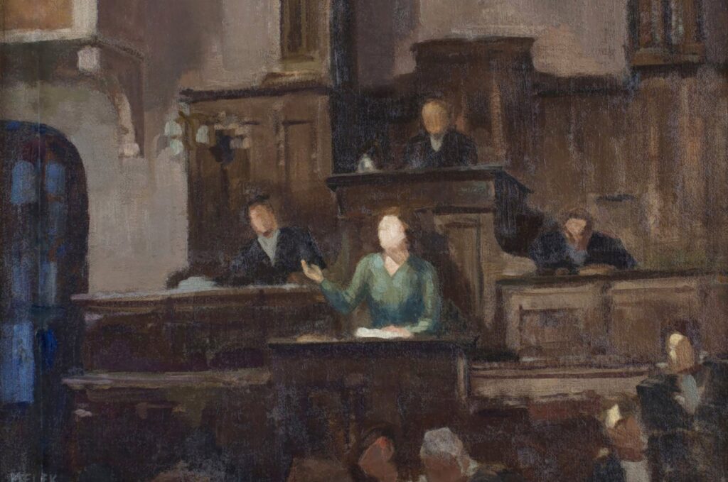 "Woman Taking the Floor at the Old Grand National Assembly," by Melek Celal Sofu, oil on canvas, 1936. (Photo courtesy of Sabancı University Sakıp Sabancı Museum)