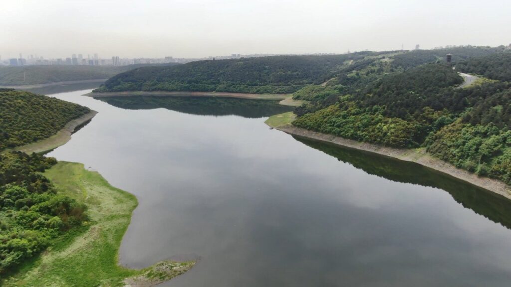 An aerial view of Alibeyköy Dam, an essential water source for Istanbul, rebounded from 12% to 64.5%, Istanbul, Türkiye, Jan. 10, 2023. (DHA Photo)