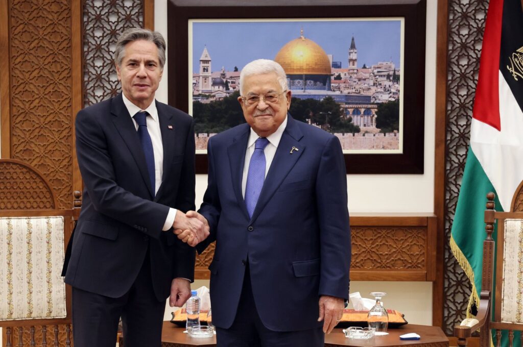 United States Secretary of State Antony Blinken shakes hand with President Mahmoud Abbas in Ramallah, Palestine, Jan. 10, 2024. (AA Photo)