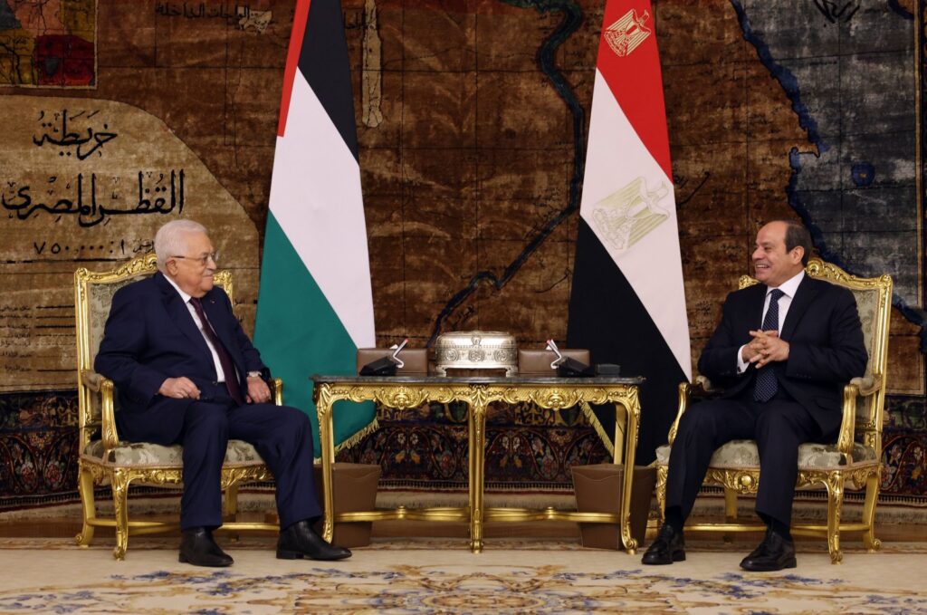 A handout photo made available by the Palestinian President's Office (PPO) shows Palestinian President Mahmoud Abbas (Left)  meeting with the Egyptian President Abdel Fattah el-Sissi  (Right) in Cairo, Egypt, Jan. 8, 2024. (EPA Photo)