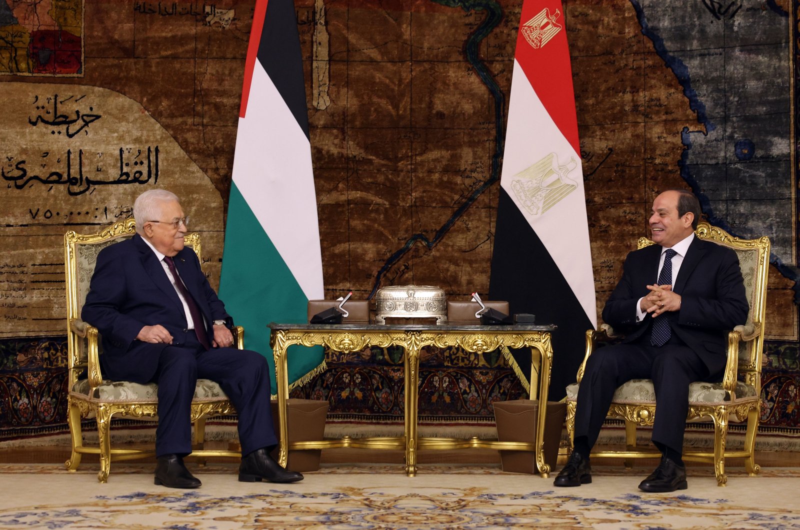 A handout photo made available by the Palestinian President's Office (PPO) shows Palestinian President Mahmoud Abbas (Left)  meeting with the Egyptian President Abdel Fattah el-Sissi  (Right) in Cairo, Egypt, Jan. 8, 2024. (EPA Photo)