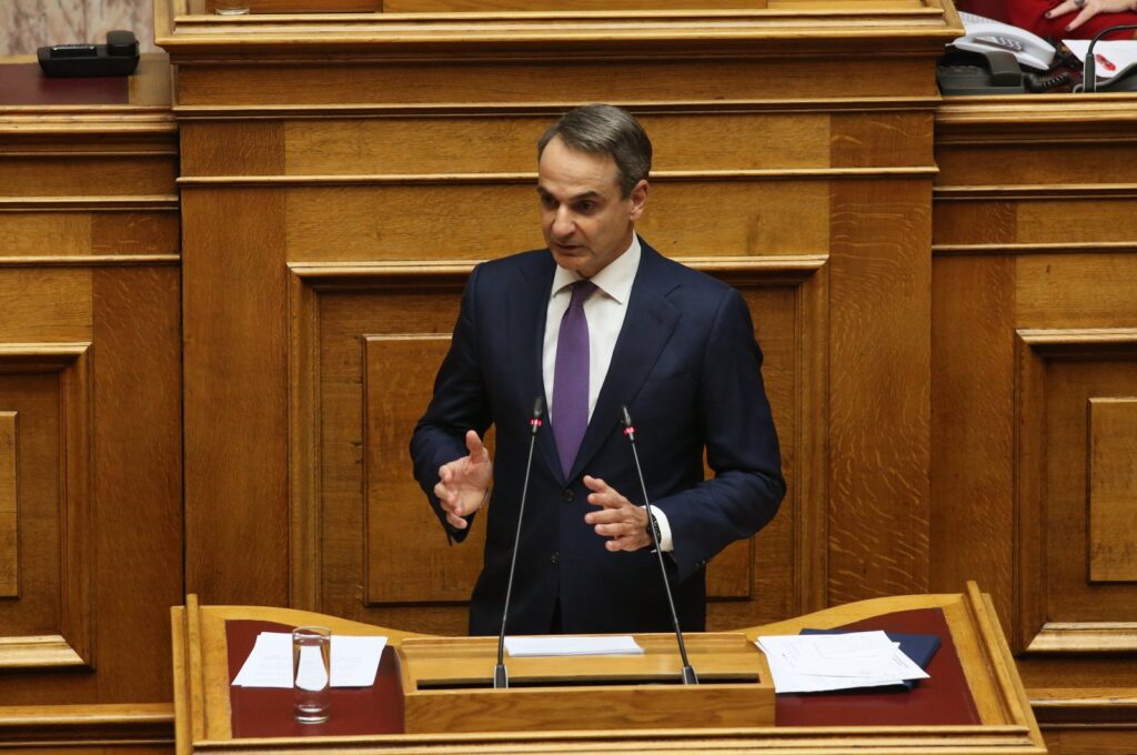 Greek Prime Minister Kyriakos Mitsotakis delivers a speech during a parliament debate, Athens, Greece, Dec. 17, 2023. (EPA Photo)