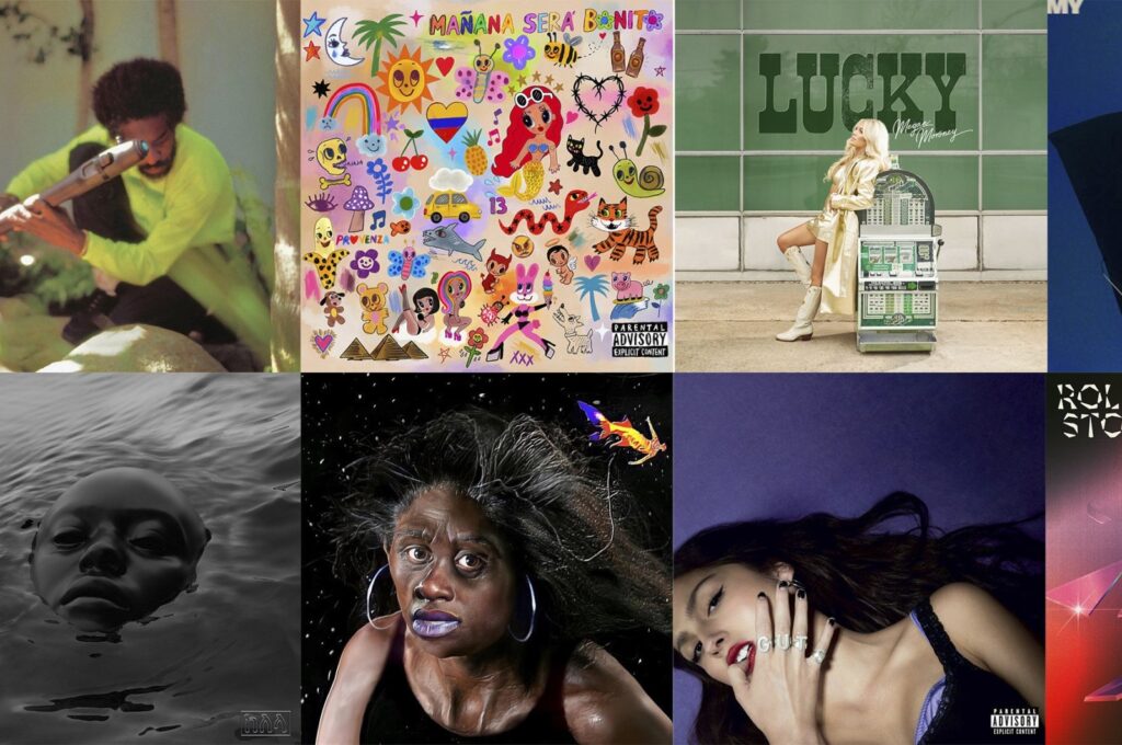 This combination of photos shows album art for, top row from left, "New Blue Sun” by Andre 3000, "Manana Sera Bonito”  by Karol G, "Lucky" by Megan Moroney, "My Soft Machine " by Arlo Parks, "Genesis" by Peso Pluma, second row from left, "Raven" by Kelela, "Sundial" by Noname, "GUTS" by Olivia Rodrigo, "Hackney Diamonds" by The Rolling Stones and "Rat Saw God" by Wednesday. (AP Photo)