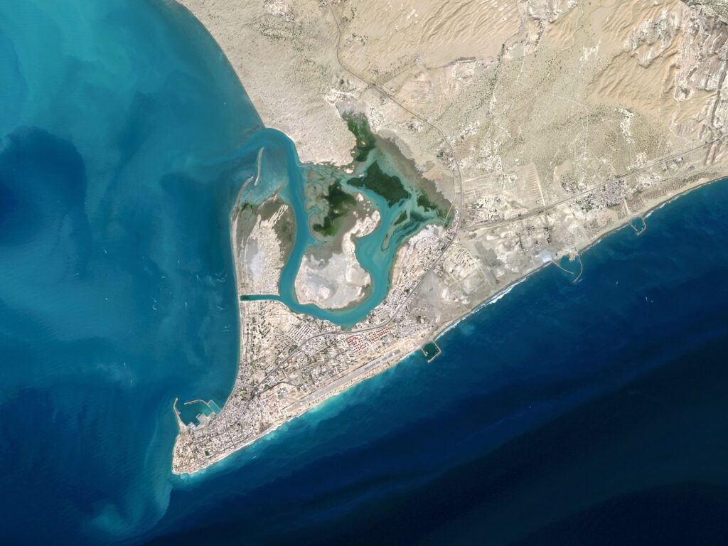A satellite image of Jask, also known as Bandar-e Jask, is a southern port town in Iran, Gulf of Oman, Oct. 19, 2019. (Getty Images)