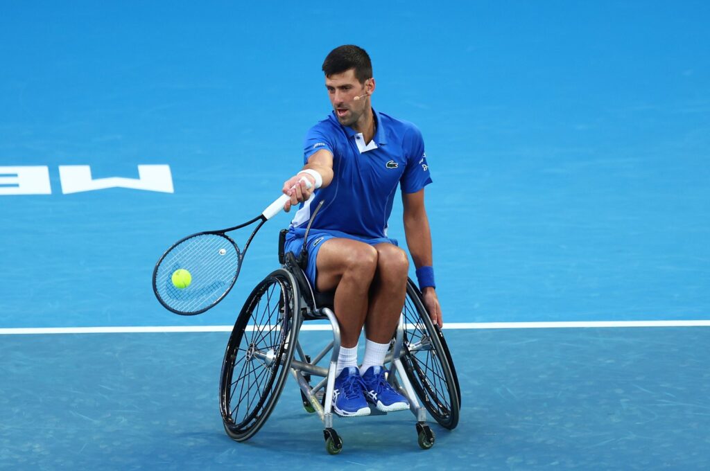 Serbia's Novak Djokovic plays a shot during A Night with Novak & Friends at Rod Laver Arena ahead of the 2024 Australian Open at Melbourne Park, Melbourne, Australia, Jan. 11, 2024. (Getty Images Photo)