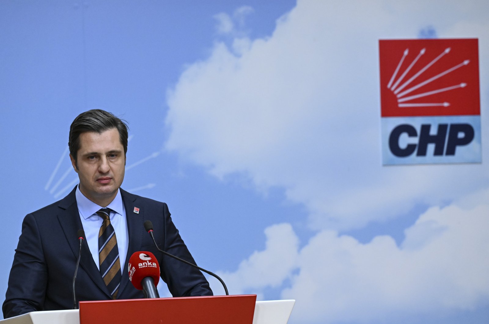 Republican People's Party (CHP) spokesperson Deniz Yücel announces the party's mayoral candidates for the upcoming local elections at CHP headquarters in Ankara, Türkiye, Jan. 10, 2024. (AA Photo)
