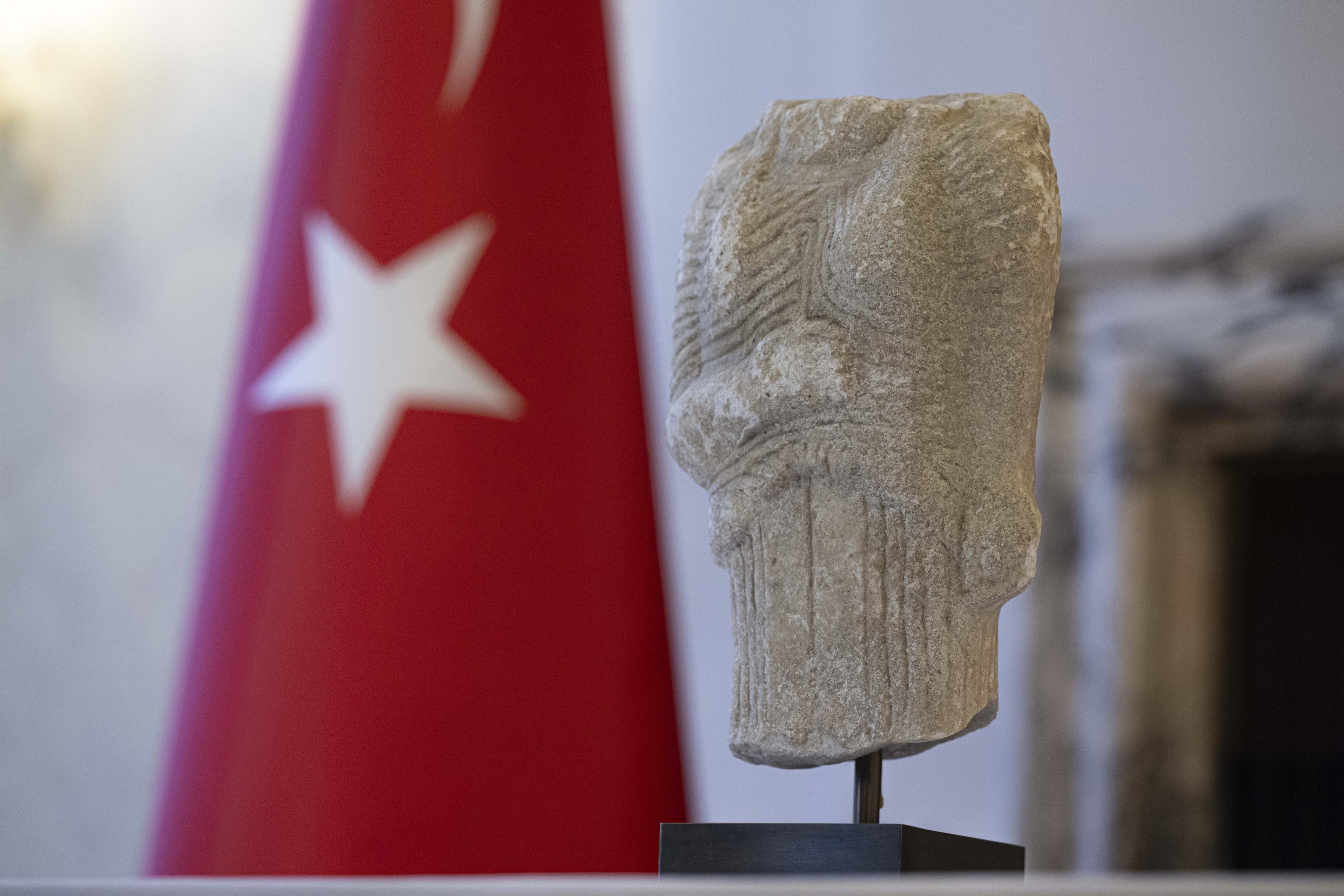 309835 A sixth century B.C. Kore torso, originating from Aydın's ancient city of Miletus and noticed at an auction in the U.K., has been handed over to the Turkish Embassy in London to be returned to Türkiye through the efforts of the Turkish authorities, London, U.K., Jan. 11, 2024. (AA Photo)