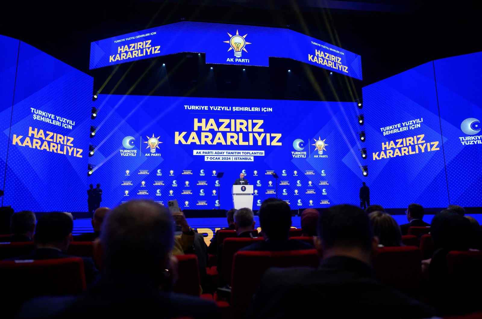 President Tayyip Erdoğan speaks as he announces Murat Kurum as his ruling Justice and Development Party (AK Party) candidate in Istanbul's upcoming mayoral election in March, Istanbul, Türkiye, Jan. 7, 2024. (AFP Photo)