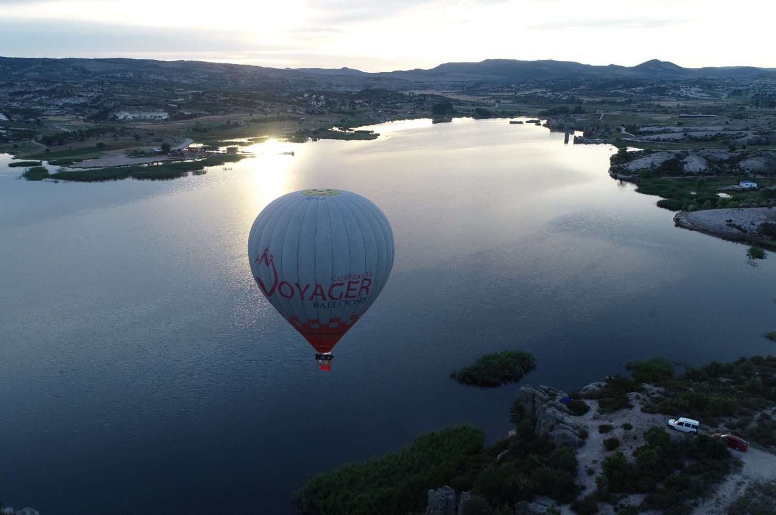 Aerial view of balloon floating above Phyrgian Valley, captivating natural and historic site in Afyonkarahisar, Türkiye, Jan. 11, 2024. (AA Photo)