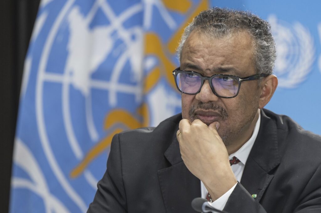 WHO Director-General Tedros Adhanom Ghebreyesus at a press conference, Geneva, Switzerland, April 6, 2023. (AP Photo)