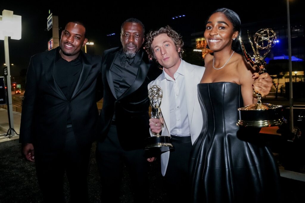 Emmy winners Jeremy Allen White (2-R) and Ayo Edebiri (R), of the comedy series "The Bear" attend the Governors Ball after the 75th annual Primetime Emmy Awards ceremony held at the Peacock Theater in Los Angeles, California, U.S., Jan. 15, 2024. (EPA Photo)