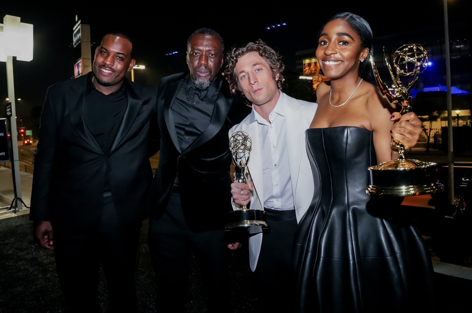 Emmy winners Jeremy Allen White (2-R) and Ayo Edebiri (R), of the comedy series "The Bear" attend the Governors Ball after the 75th annual Primetime Emmy Awards ceremony held at the Peacock Theater in Los Angeles, California, U.S., Jan. 15, 2024. (EPA Photo)