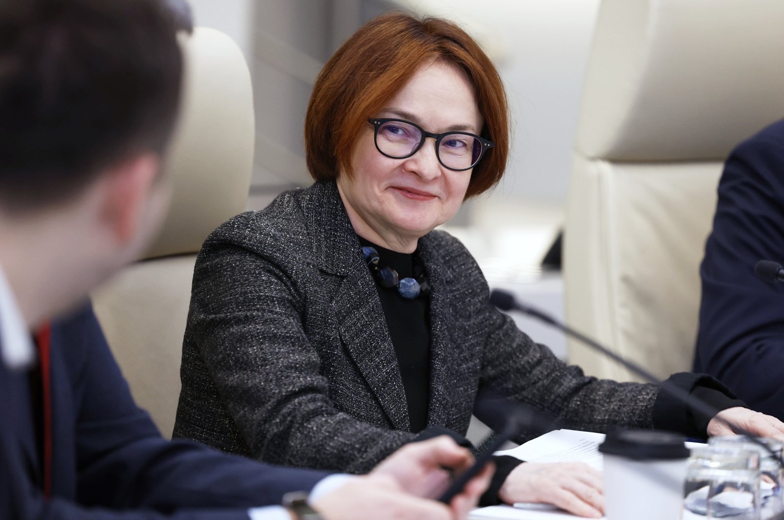 Russian Central Bank Chief Elvira Nabiullina attends a meeting on economic issues led by Russian Prime Minister Mikhail Mishustin, Moscow, Russia, Feb. 14, 2023. (AP Photo)
