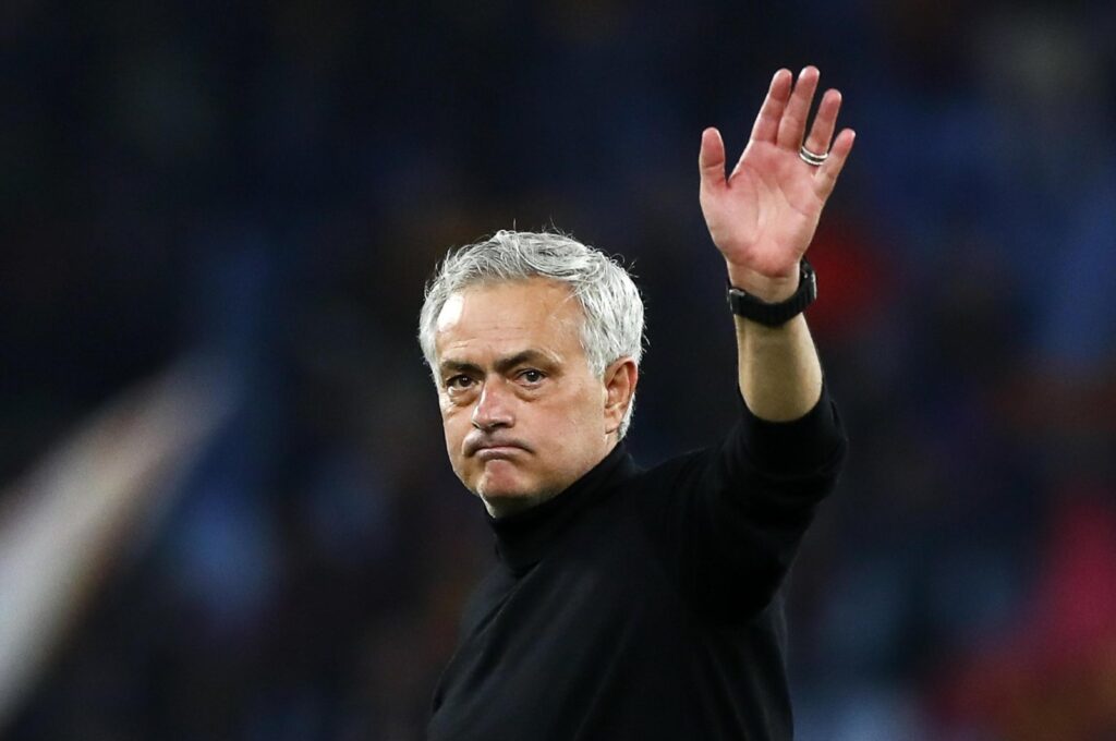 Roma's coach Jose Mourinho gestures after winning the Coppa Italia round of 16 match between AS Roma and US Cremonese, Rome, Italy, Jan. 3, 2024. (EPA Photo)