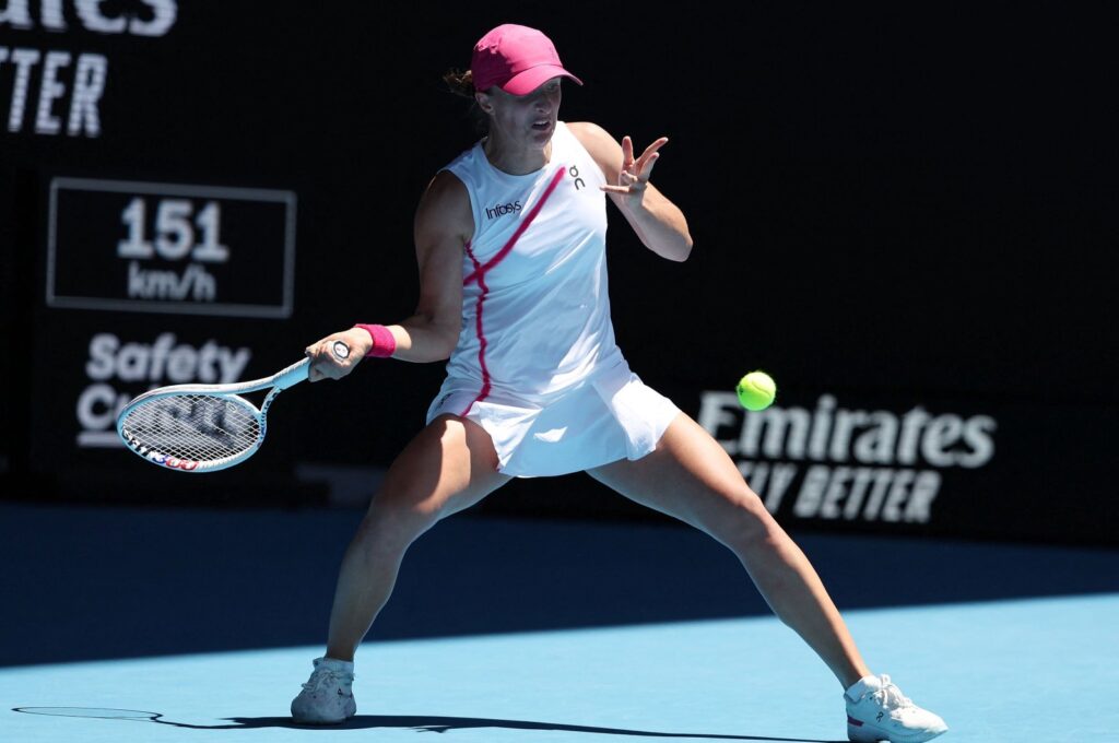 Poland's Iga Swiatek hits a return against USA's Sofia Kenin during their women's singles match on Day 3 of the Australian Open tennis tournament, Melbourne, Australia, Jan. 16, 2024. (AFP Photo)